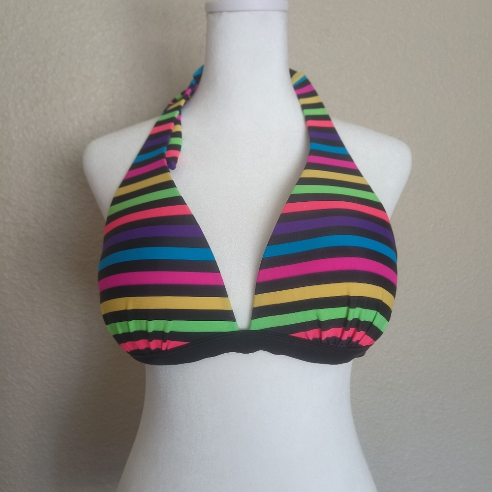 Tahiti black‎ multicolor striped swim top size L holiday beach